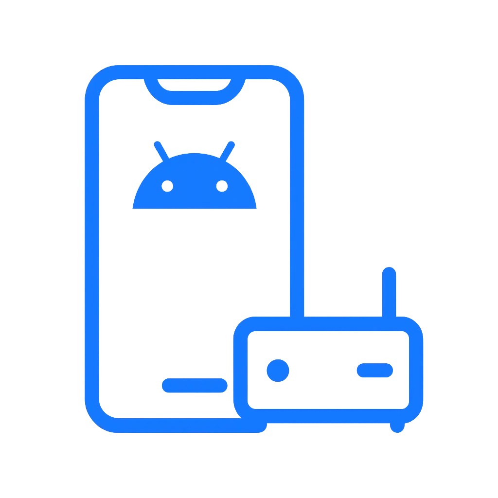 Flat blue icon showing an Android smartphone and an Android TV box side by side, representing Android device compatibility.