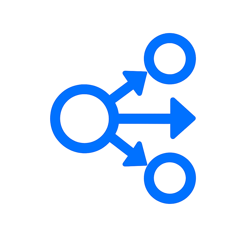 Blue flat icon showing a direct-source connection with two linked nodes and a central hub.