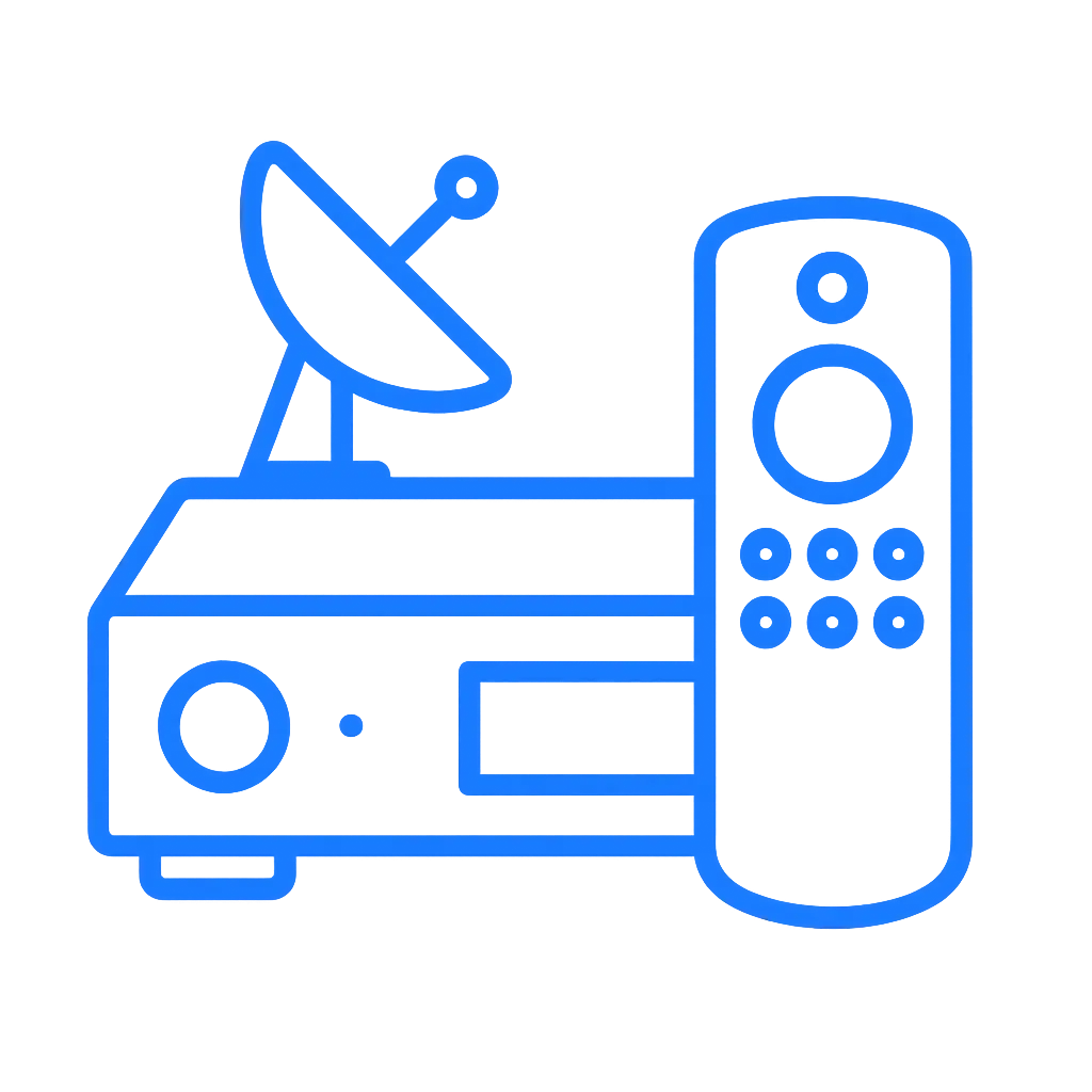 Flat blue icon of an Enigma2-style satellite receiver with a remote, using thick outline lines to represent Enigma2 satellite box compatibility.