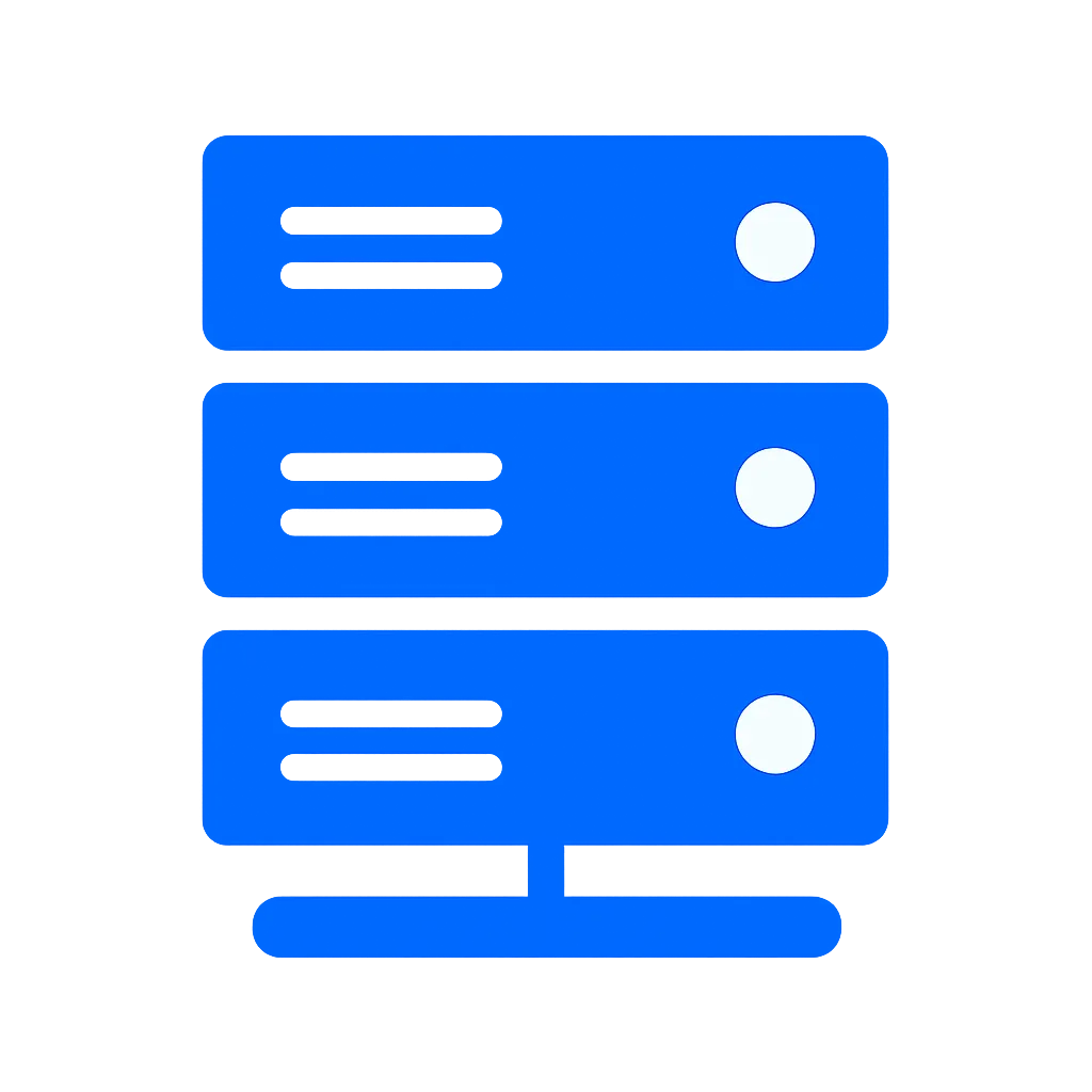 Blue flat icon showing a server rack symbolizing enterprise-grade infrastructure.