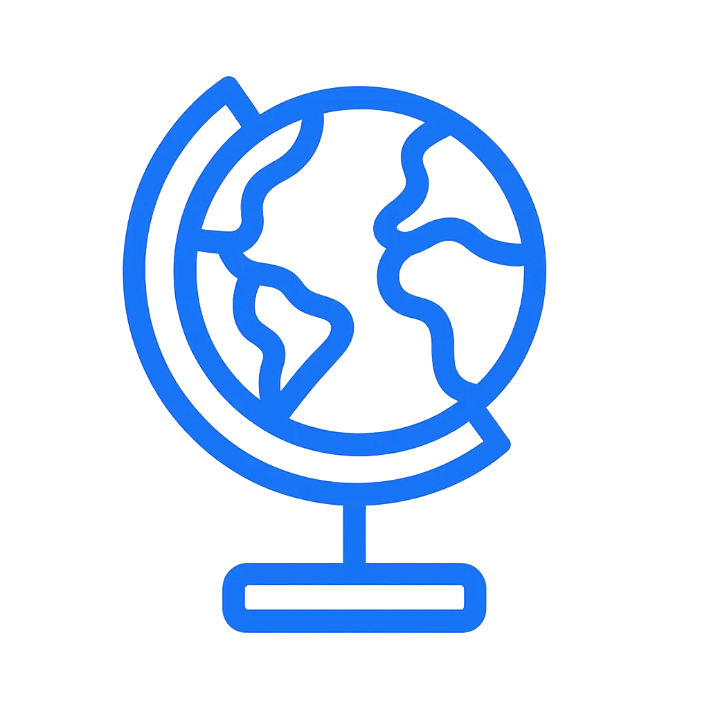 Flat blue icon of a globe on a stand representing international channels.
