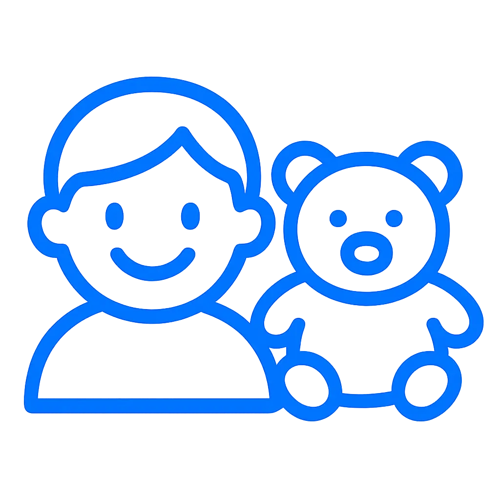 Flat blue icon showing a smiling child and a teddy bear representing kids channels.