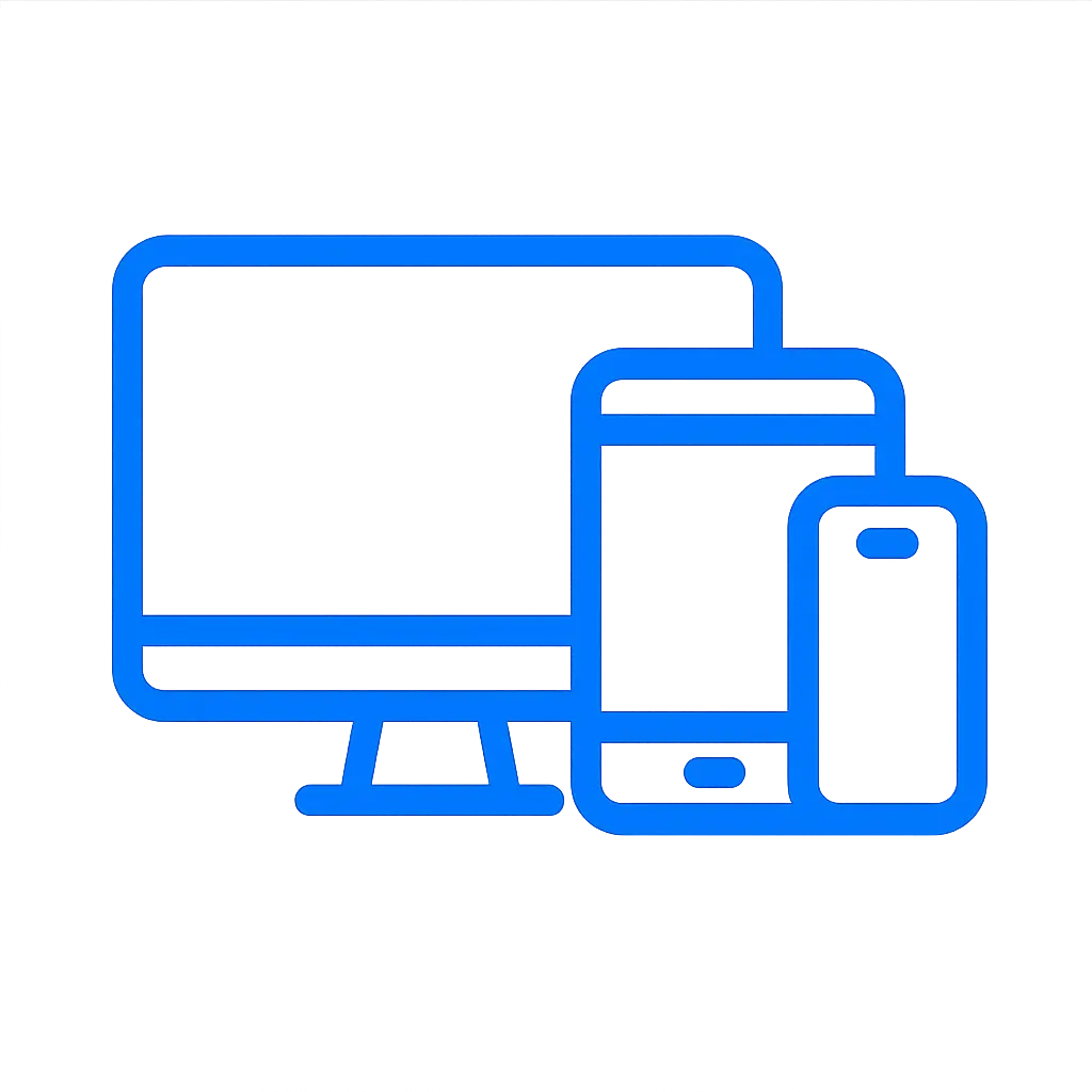 Flat blue icon showing a monitor, tablet, and smartphone side by side to represent multi-device access.