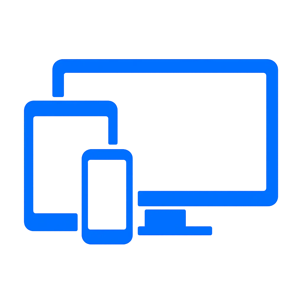 Blue flat icon showing a smartphone, tablet, and desktop monitor, representing multi-device compatibility.