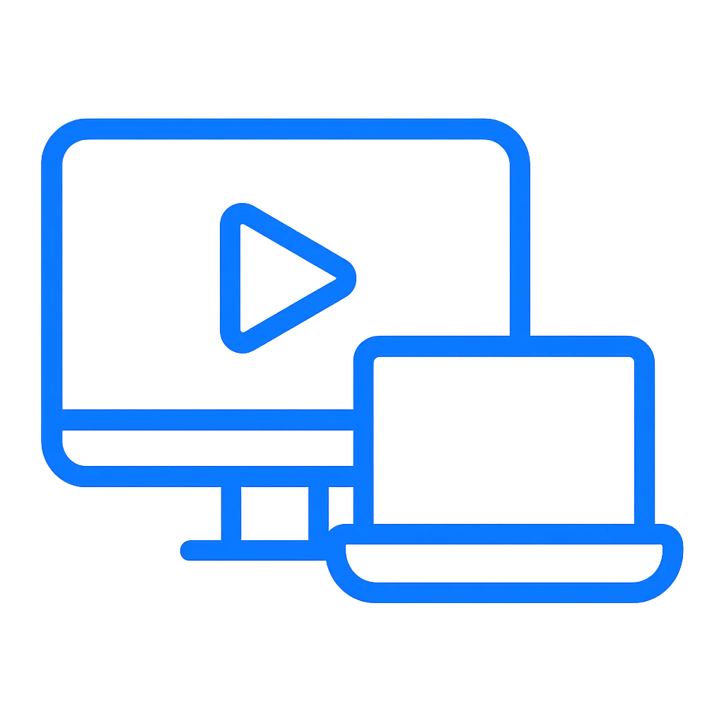 Flat blue icon showing a desktop monitor and a laptop side by side, representing PC and web player compatibility.