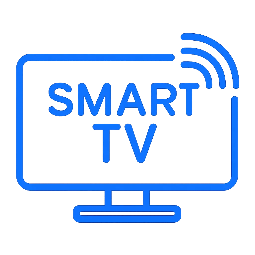Flat blue icon of a widescreen smart TV with a play symbol, representing Smart TV compatibility.