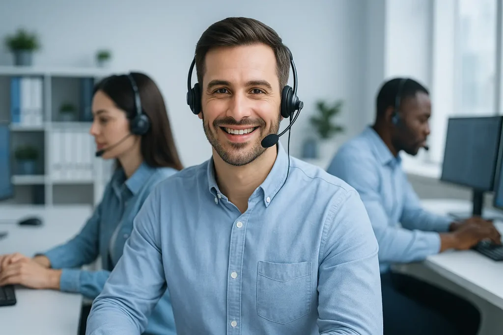 Customer support agents working together in a modern office, wearing headsets and assisting clients.