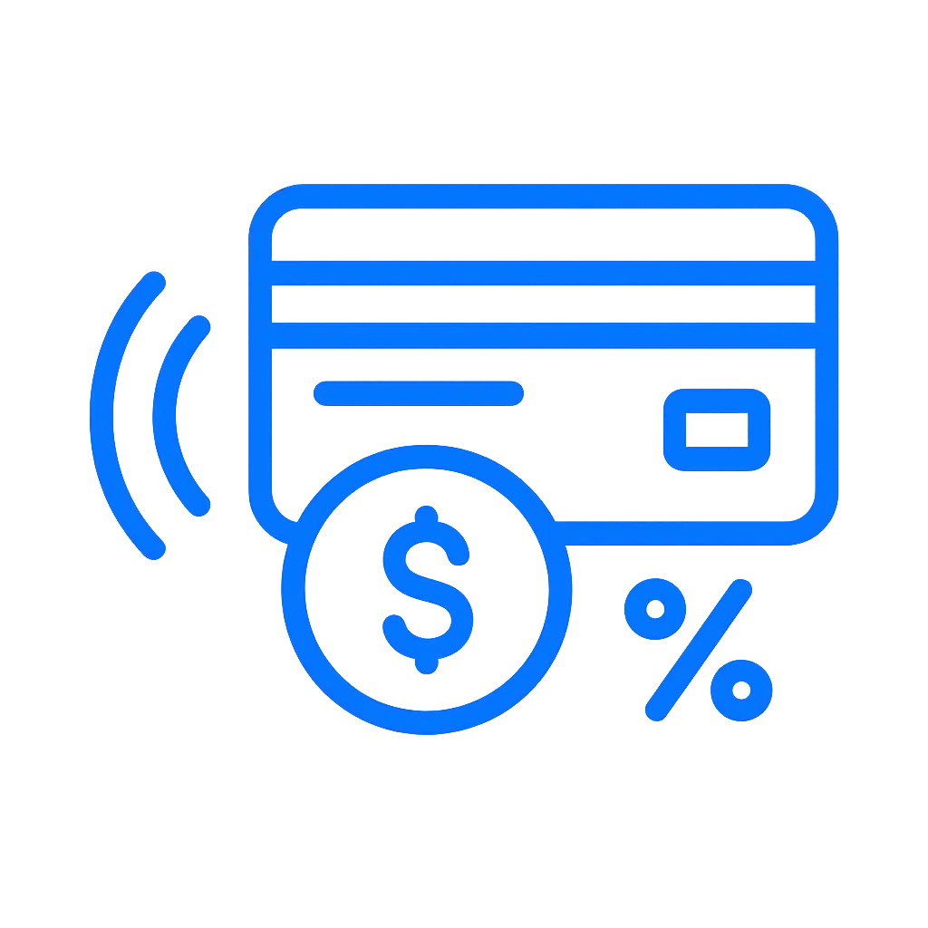 Flat blue icon showing a credit card and dollar coin representing wide payment options.