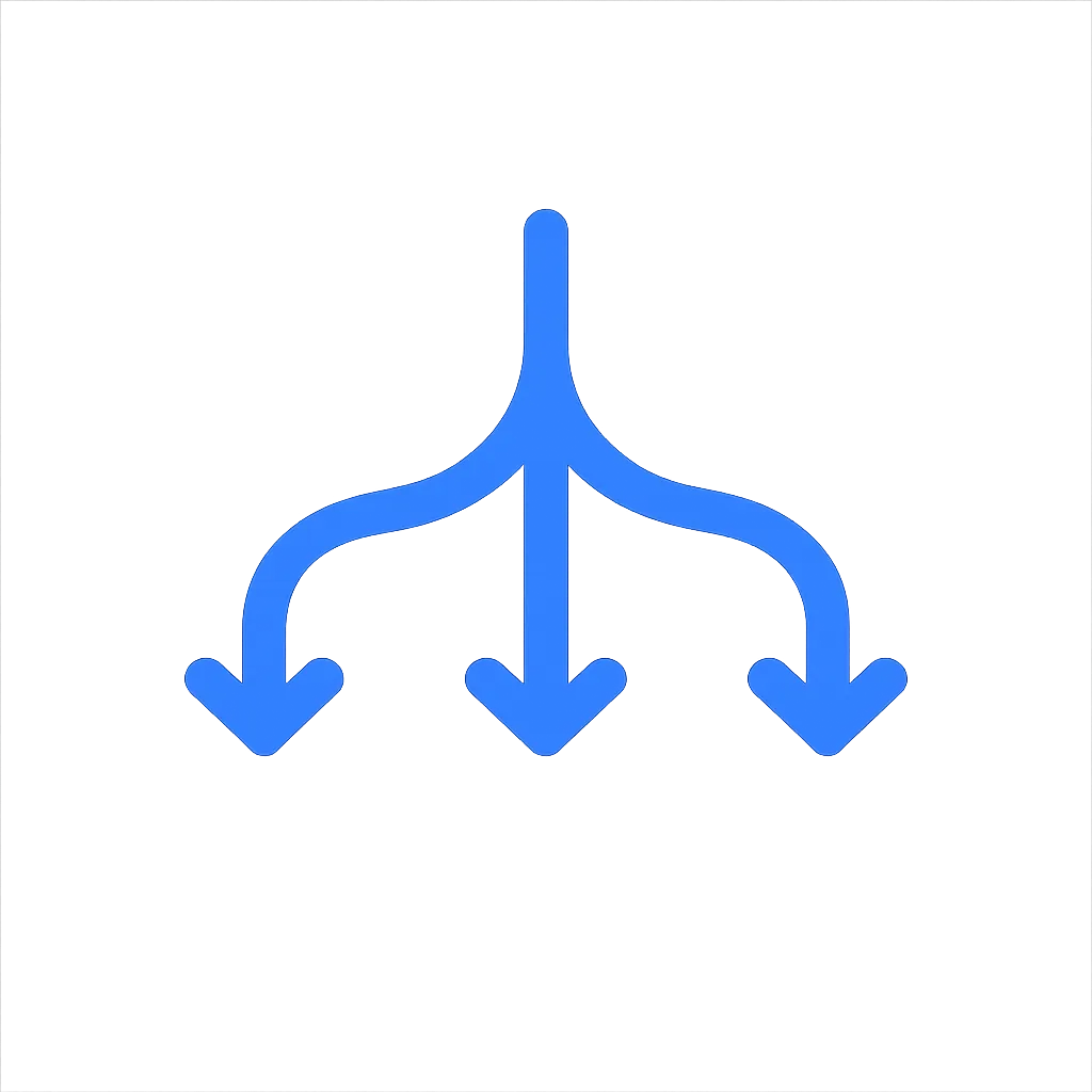 Blue vector icon showing a single stream splitting into three stable parallel paths