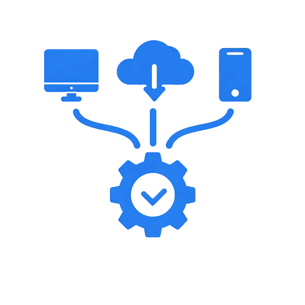 Blue vector icon showing multiple input sources connected to a central processing system