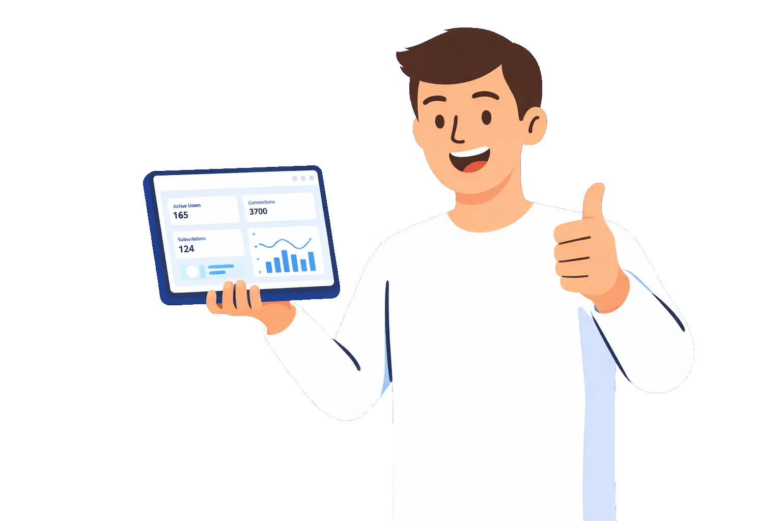 Confident IPTV reseller holding a tablet with reseller dashboard and giving thumbs up