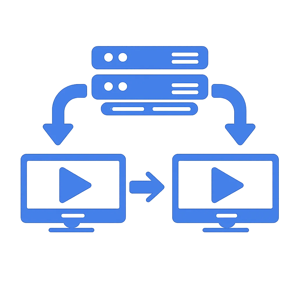 Blue restreaming icon showing IPTV servers distributing streams to multiple screens
