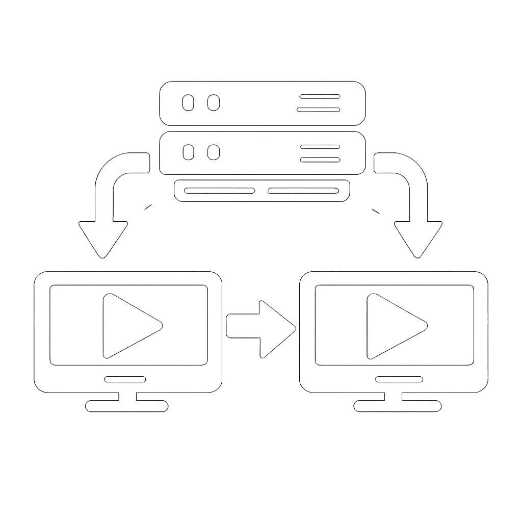 White restreaming icon showing servers distributing video streams to multiple screens
